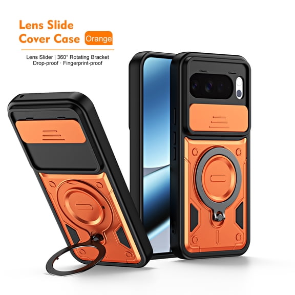 GJL Dual Layer Case for Google Pixel 11 Pro XL, Shockproof Phone Cover with Slide Camera Lens Cover, 360 Rotatable Ring Kickstand, Orange