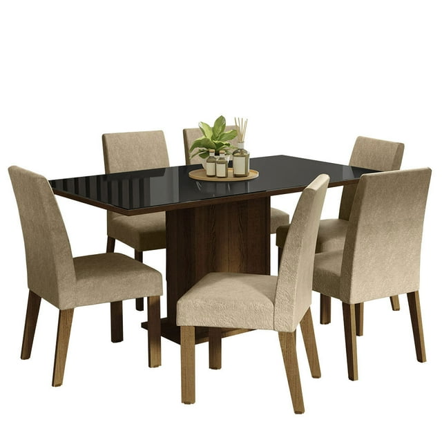 Juego de Comedor Mesa con Tapa de Vidrio 6 Sillas Marrón/Negro/Imperial Alexis Madesa