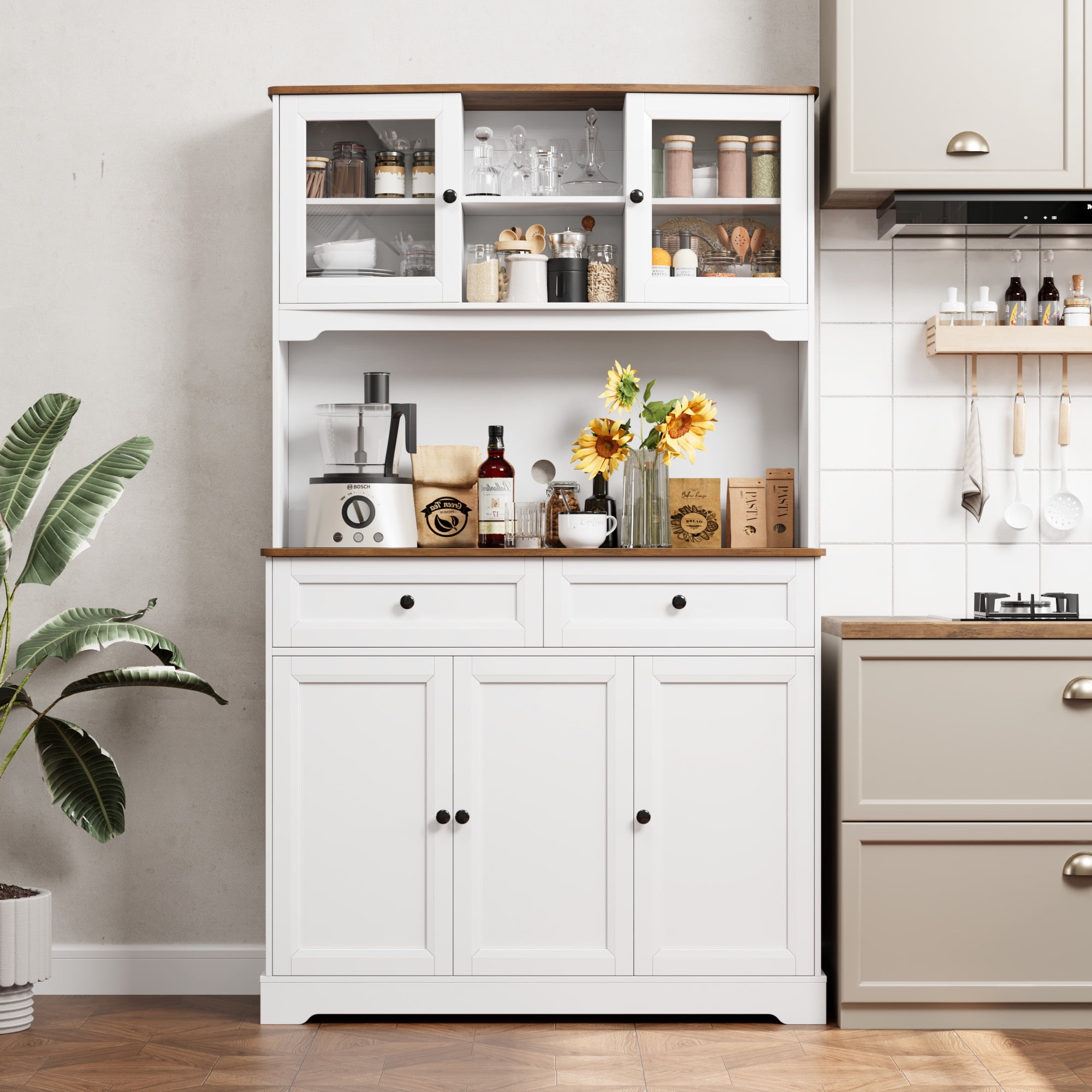 Homfa 71'' Kitchen Pantry Buffet Hutch, Freestanding Storage Cabinet with Countertop & Adjustable Shelves, Food Cupboard with Doors and Drawers, White