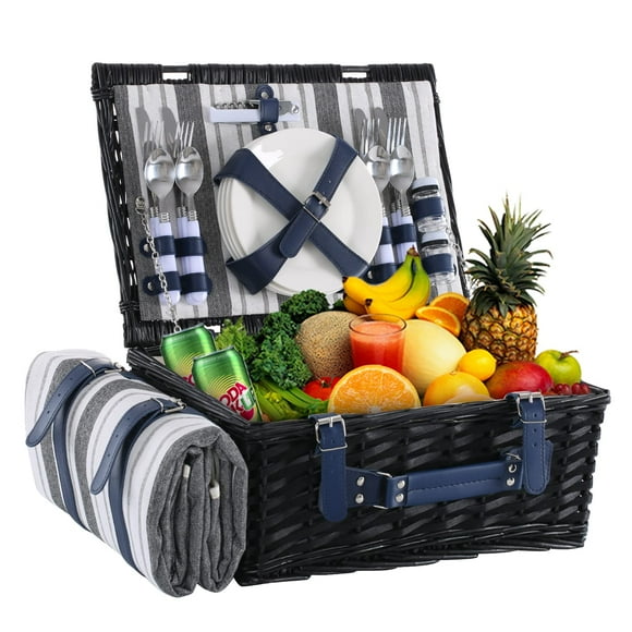 Cesta de Picnic HYBDAMAI de Mimbre para 4 Personas con Manta y Enfriador Negro
