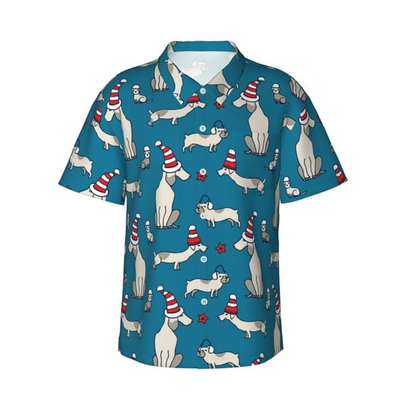 Fuzoiu Festive Dachshund Fun Print Hawaiian Shirt for Men, Summer Beach Casual Short Sleeve Button Down Shirts, Men’s Beach Summer Shirts with Pocket,Small