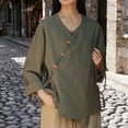 thumbnail image 4 of Uootdi Business Casual Outfits for Women V Neck Linen Asymmetric Button Long Sleeve Shirts Office Commute Daily Wear Blouses Gift, 4 of 6