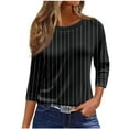 thumbnail image 2 of CLOISE Womens Tees Plus Size Fall Cute Striped Tees Scoop Neck 3/4 Sleeve Tops Oversized Basic Shirts Flowy Clothes Black 3XL, 2 of 5