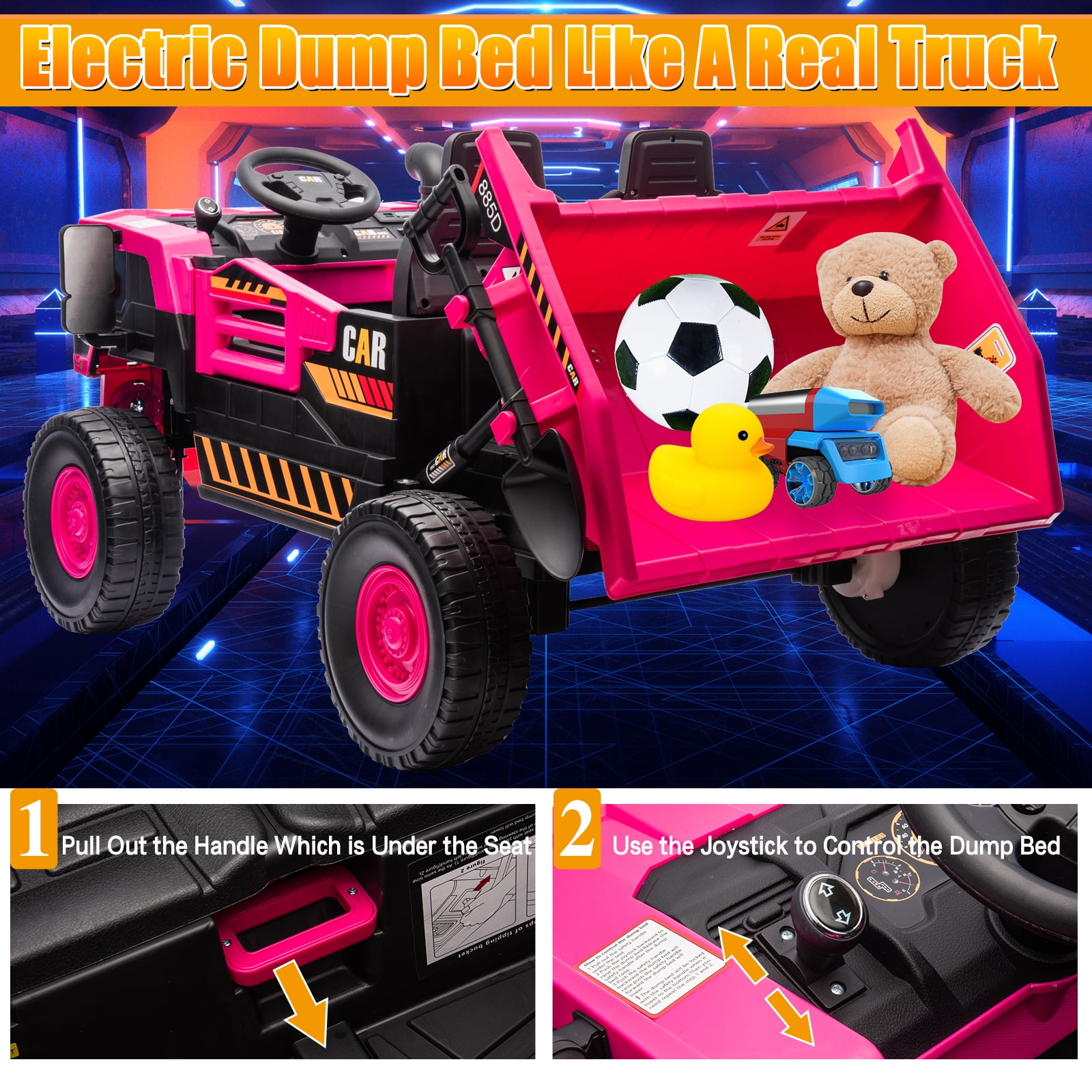 FINITO 12V 10Ah Ride on Toy for Toddlers, Powerful 4 Wheels Electric Dump Truck, 2 Seater Kids Ride on Car w/Parent Remote Control, Music Bluetooth Shove, Pink