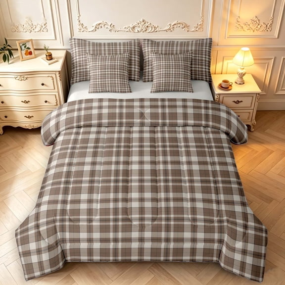 Manfei Vintage Plaid 7-Piece Twin Bedding,Retro Grid Bedding Comforter Set,Brown White,Light Gray Reversible