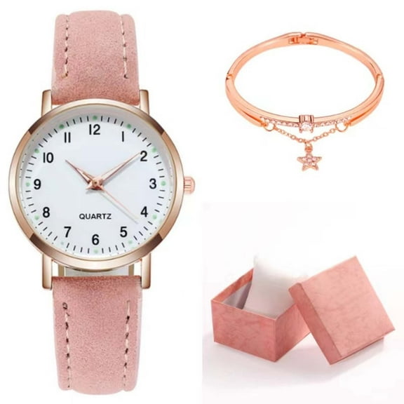Giunmcul Women's Classic Quartz Watch with Luminous Dial, Frosted Leather Strap, Retro Small Round Women's Watch with Bracelet and Box