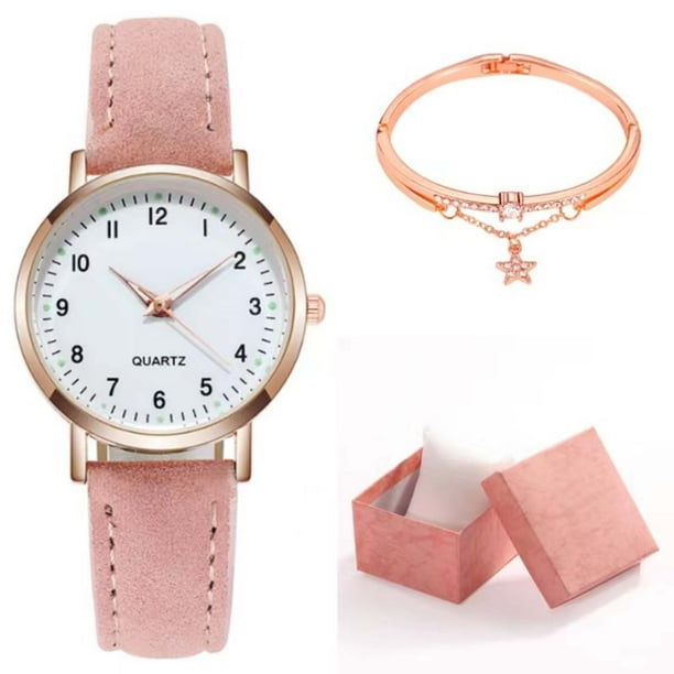 Reloj Clásico de Cuarzo para Mujer con Esfera Luminosa y Correa de Piel Esmerilada. Reloj Retro Pequeño y Redondo con Pulsera y Caja.