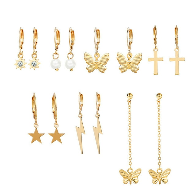 7 Pairs Women Earrings Metal Star Sun Butterfly Drop Earrings Lightning Earrings