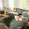 thumbnail image 2 of MooMee Gingham Duvet Cover Set Queen 100% Washed Cotton Linen Like Textured Breathable Lightweight 3-Piece (Forest Green, 90"x90"), 2 of 6