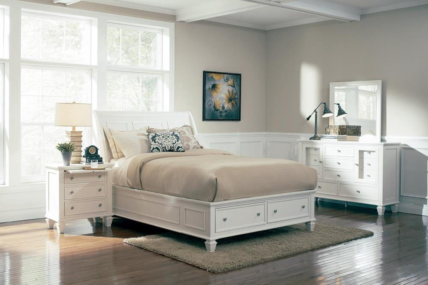 Sandy Beach Collection 201309KW California King Size Storage Bed with 2 Drawers Silver Knob Hardware Turned Legs Tropical Veneer and Hardwood Construction in White Finish