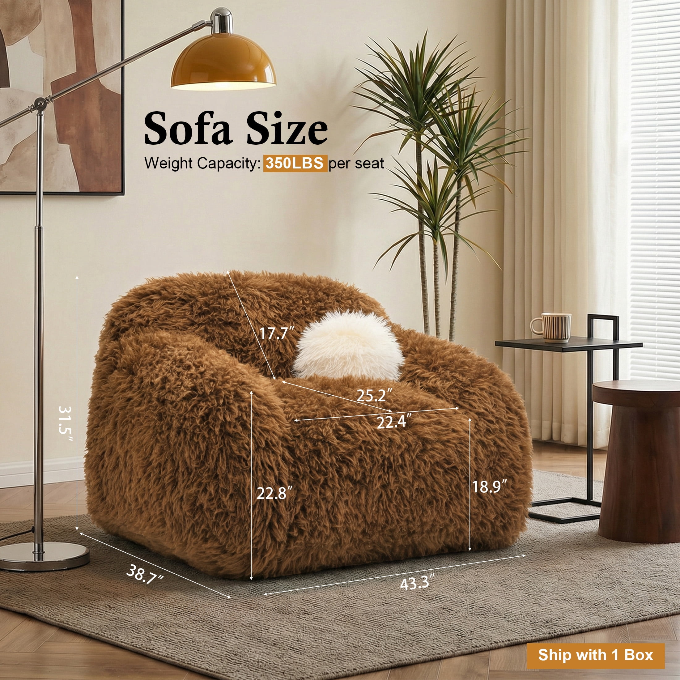 Aukfa Oversized 360° Swivel Sofa Chiar, 43.3" Plush Faux Fur Accent Chair with Ball Pillows, Brown