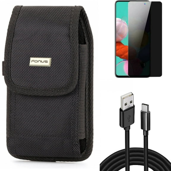 10ft USB Cable & Case Belt Clip & Privacy Screen Protector for Samsung Galaxy S20 Fan Edition - Type-C Charger Cord   Swivel Holster   Tempered Glass Anti-Spy Combo