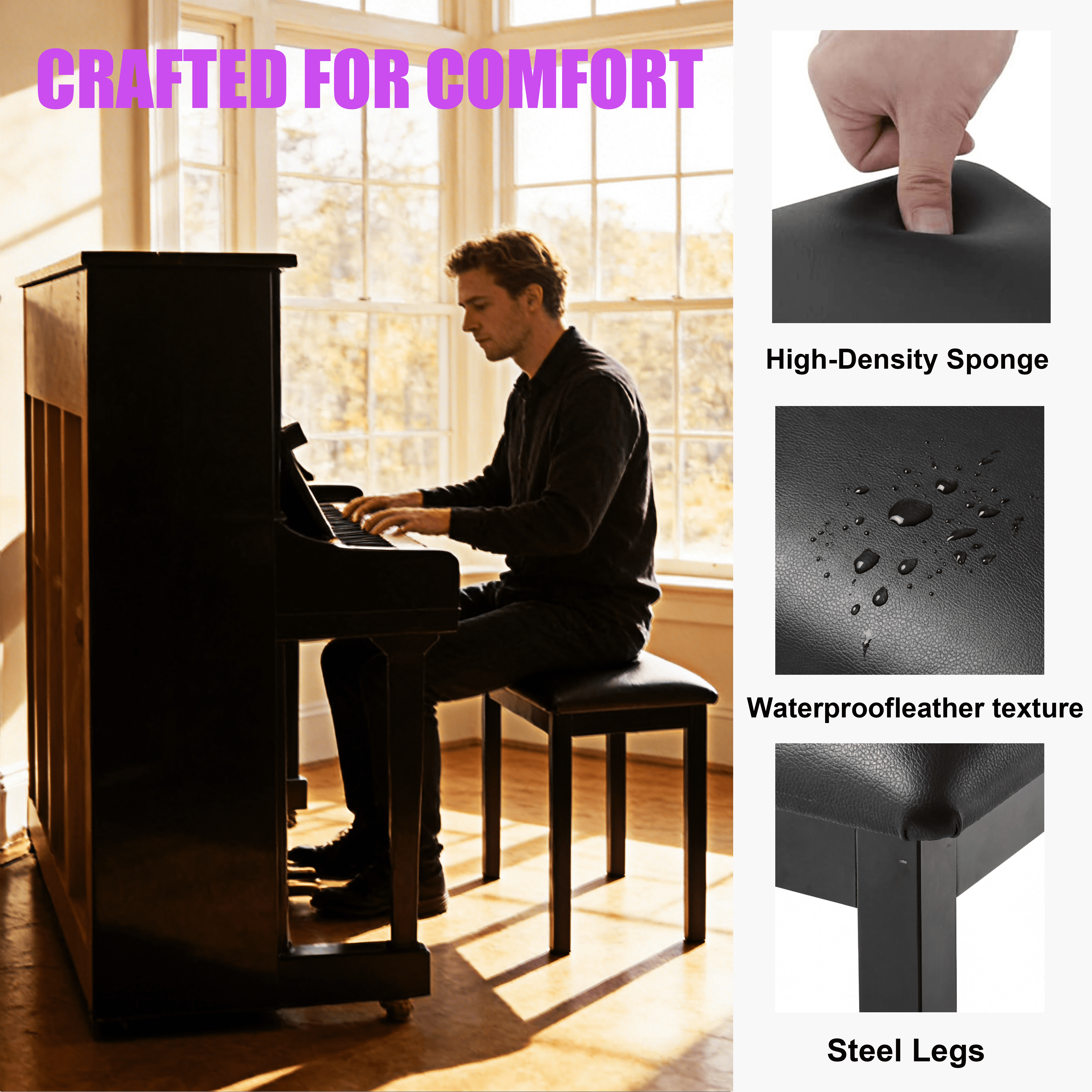 Olakula PU Leather Piano Bench Padded Keyboard Seat Single Stool Piano,More Stable Comfortable,Black