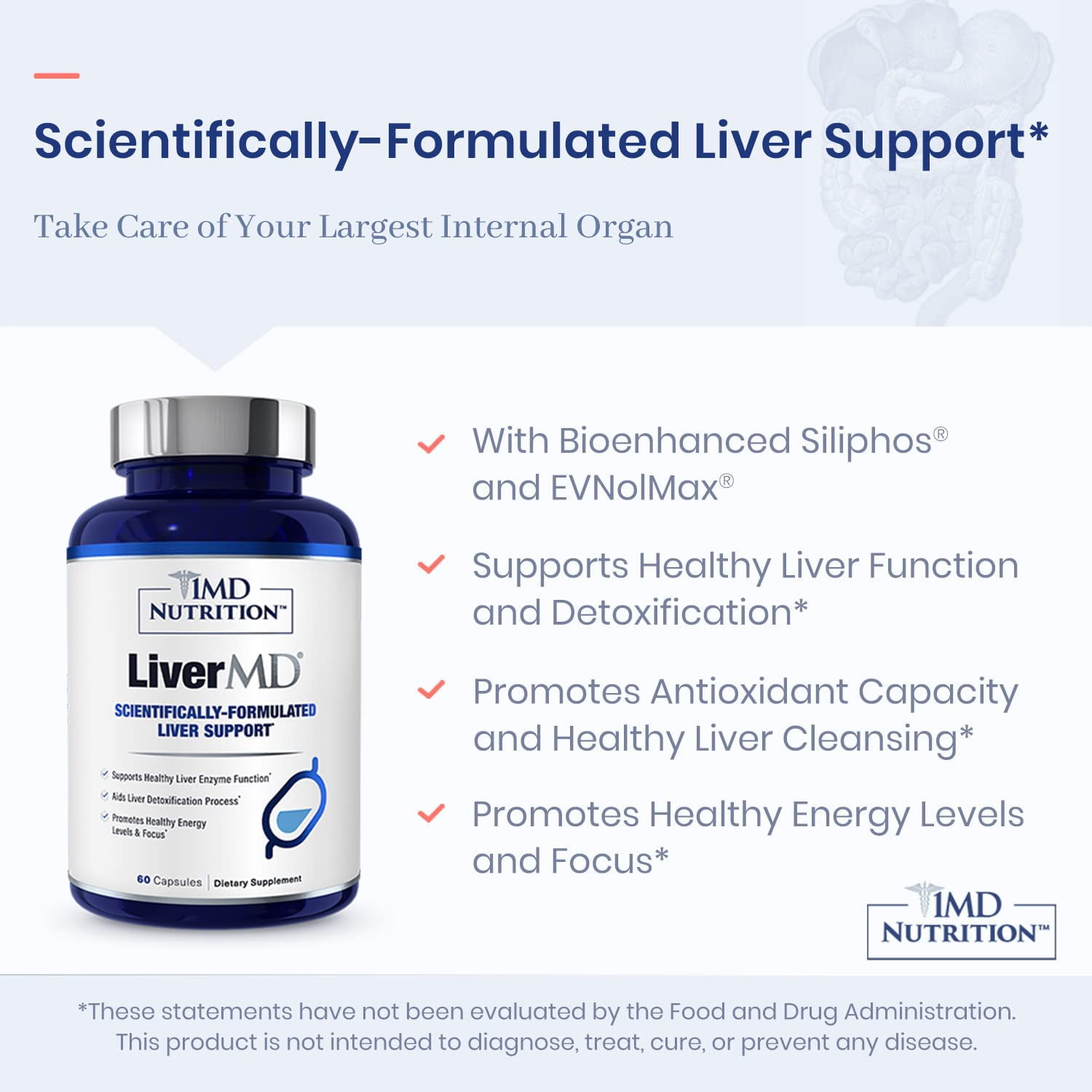1MD Nutrition LiverMD - Liver Cleanse Supplement | Siliphos Milk Thistle Extract - Highly Bioavailable, Clinically Studied for Liver Detox | 60 Capsules