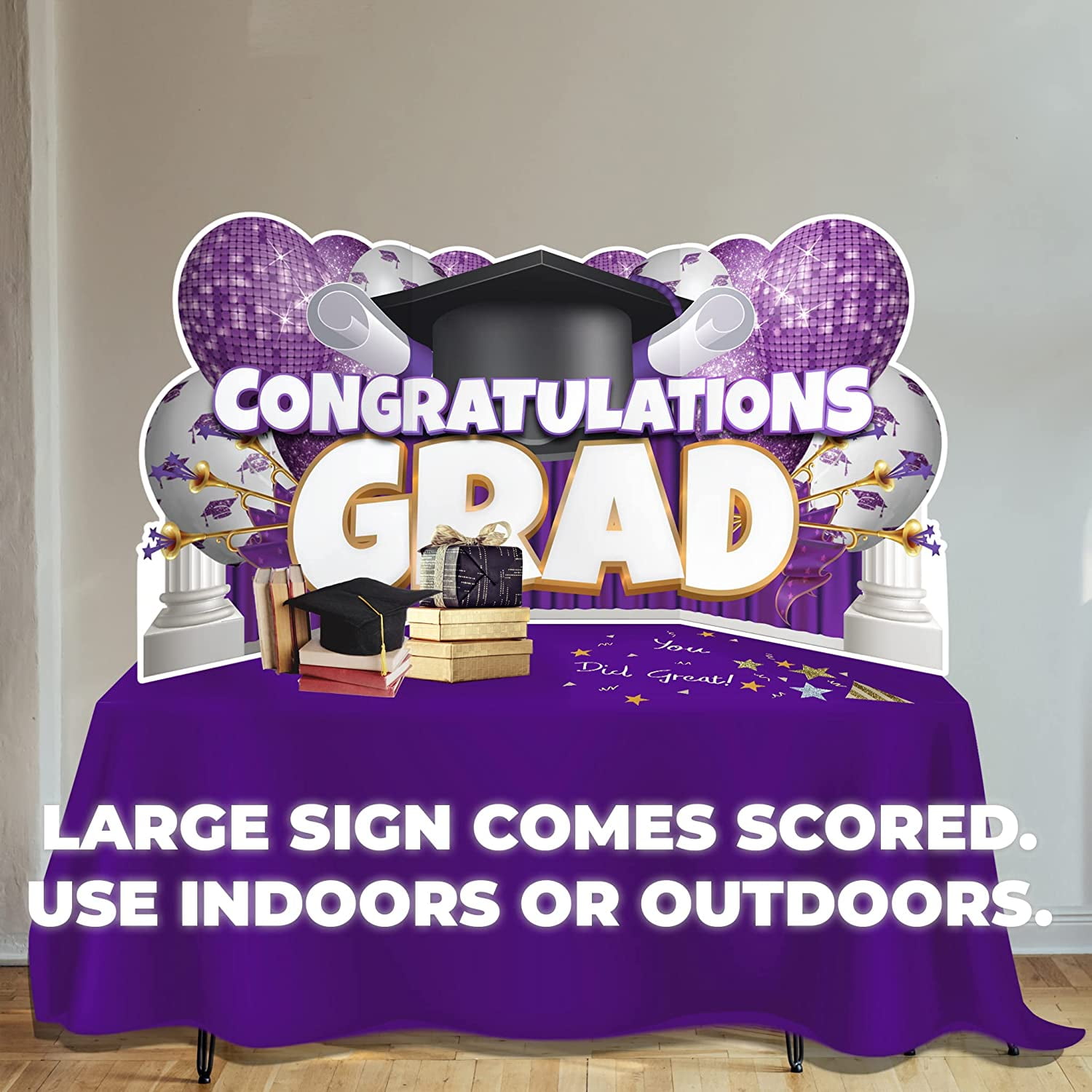 VictoryStore Oversized Purple Congratulations Grad, Caps Off To You EZ Yard Card Set, 8 Pieces