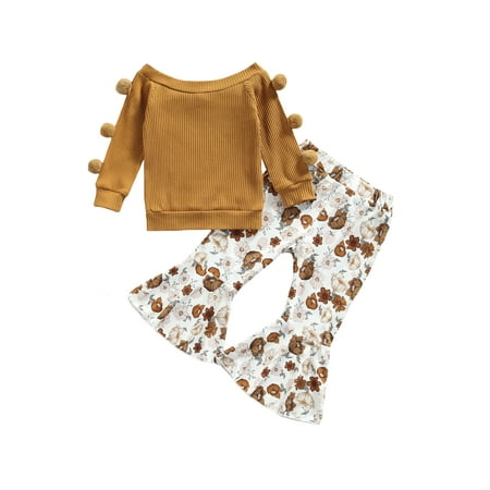 

Yinyinxull 2pcs Infant Baby Girls Autumn Clothes Long Sleeve With Balls Tops Flowers Printed Flared Pants Sets Ginger 18-24 Months