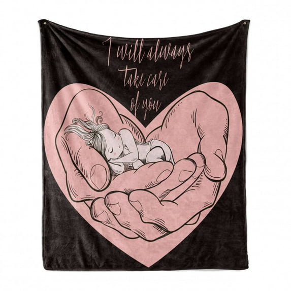 Love Theme Soft Flannel Fleece Blanket, I Will Always Take Care of You Message Little Girl Sleeping in Hands, Cozy Plush for Indoor and Outdoor Use, 60" x 80", Pale Pink Dark Brown, by Ambesonne