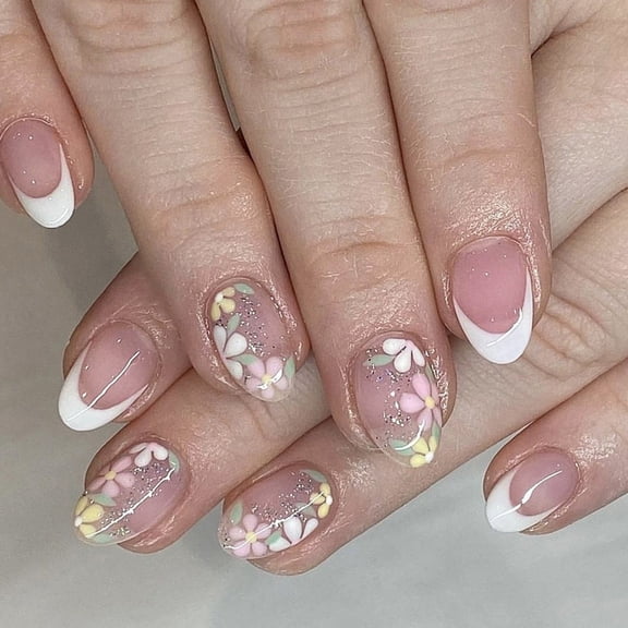 24pcs Artificial Nails With French Styles And Glitters Finish Short Full Covers False Nails Manicure