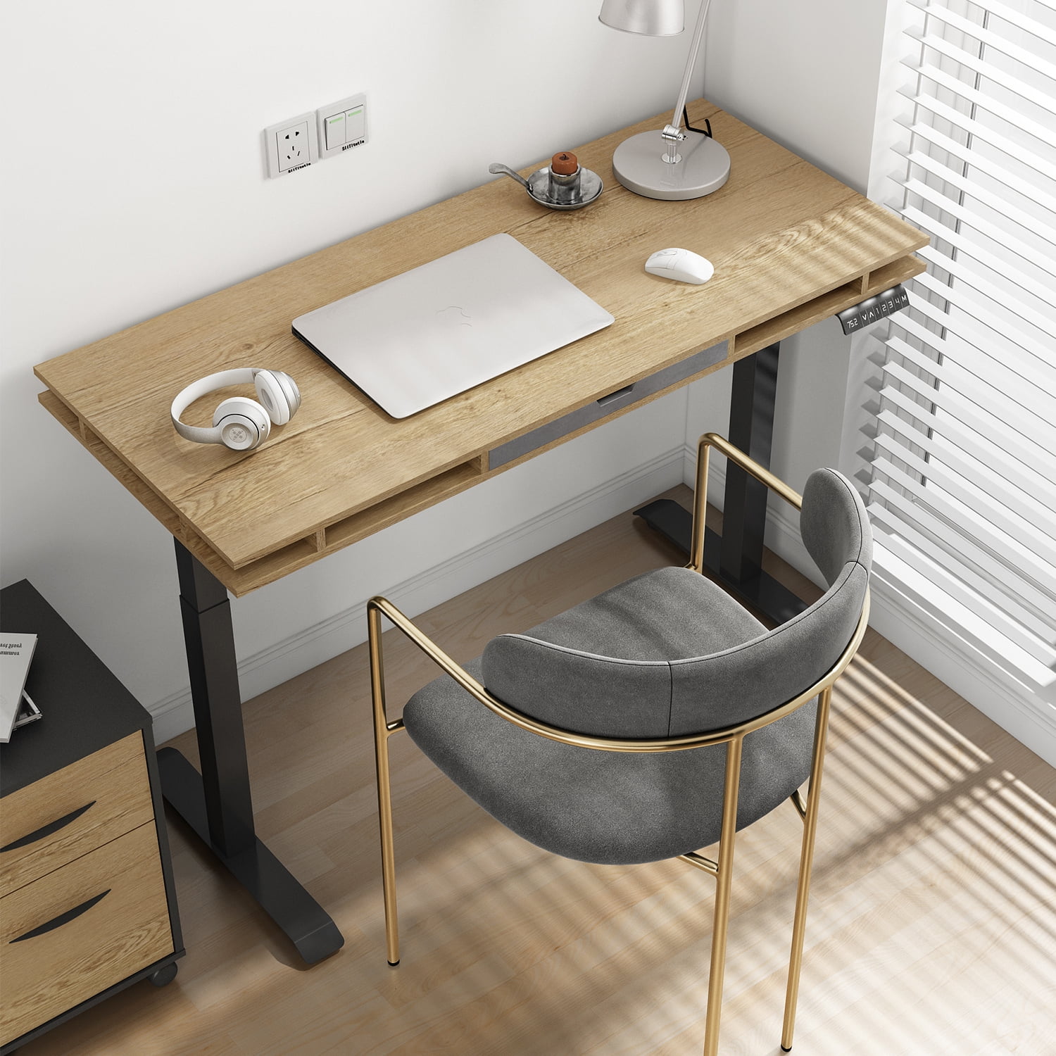 Kadyn Tobacco Wood Lift Table, Electrical Adjustable Table for Office, Lift Top MDF Coffee Table with Steel Frame, Yellow Kadyn Tobacco Wood Lift Table, Electrical Adjustable Table for Office, Lift Top MDF Coffee Table with Steel Frame, Yellow