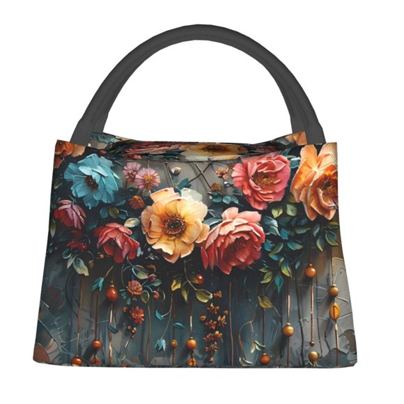 Fotbe Floral Dreamcatcher Elegance Bolsa Térmica Portátil con Estampado, Bolsa de Entrega de Alimentos Aislada, Bolsa Reutilizable de Gran Capacidad para Comidas y Supermercado