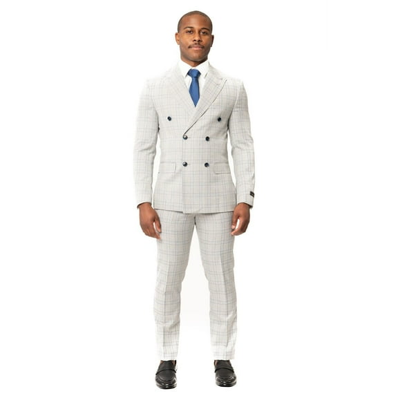 Slim Fit Double Breasted 2 Button Peak Lapel Chalk Grey Plaid Men's Suit 42 Short