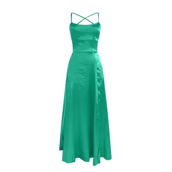 JGGSPWM Women's Satin Maxi Dress High Waisted A Line Skirt Spaghetti Straps Dresses Green L