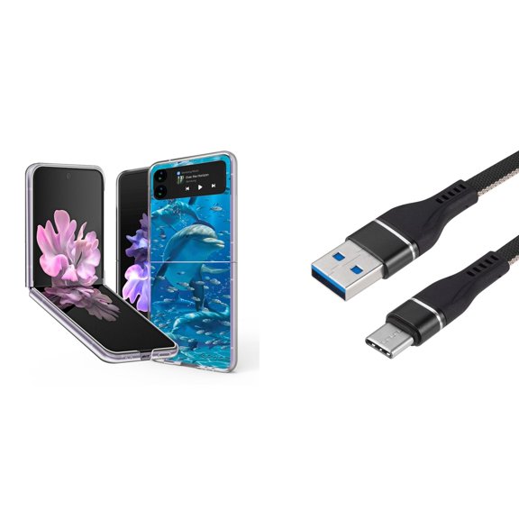 Bemz Premium Bundle for Samsung Galaxy Z Flip 3 5G: Slim Snap-On Protector Case (Dolphins), Nylon Braided USB-C to USB-A Cable (3 Feet)