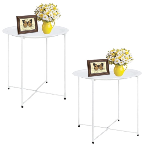 Set of 2 Round Foldable Side Tables, Portable Metal Tray Tables for Living Room, Bedroom & Patio, Compact Snack Table for Couch, Sofa & Bedside (Space-Saving & Easy Assembly)