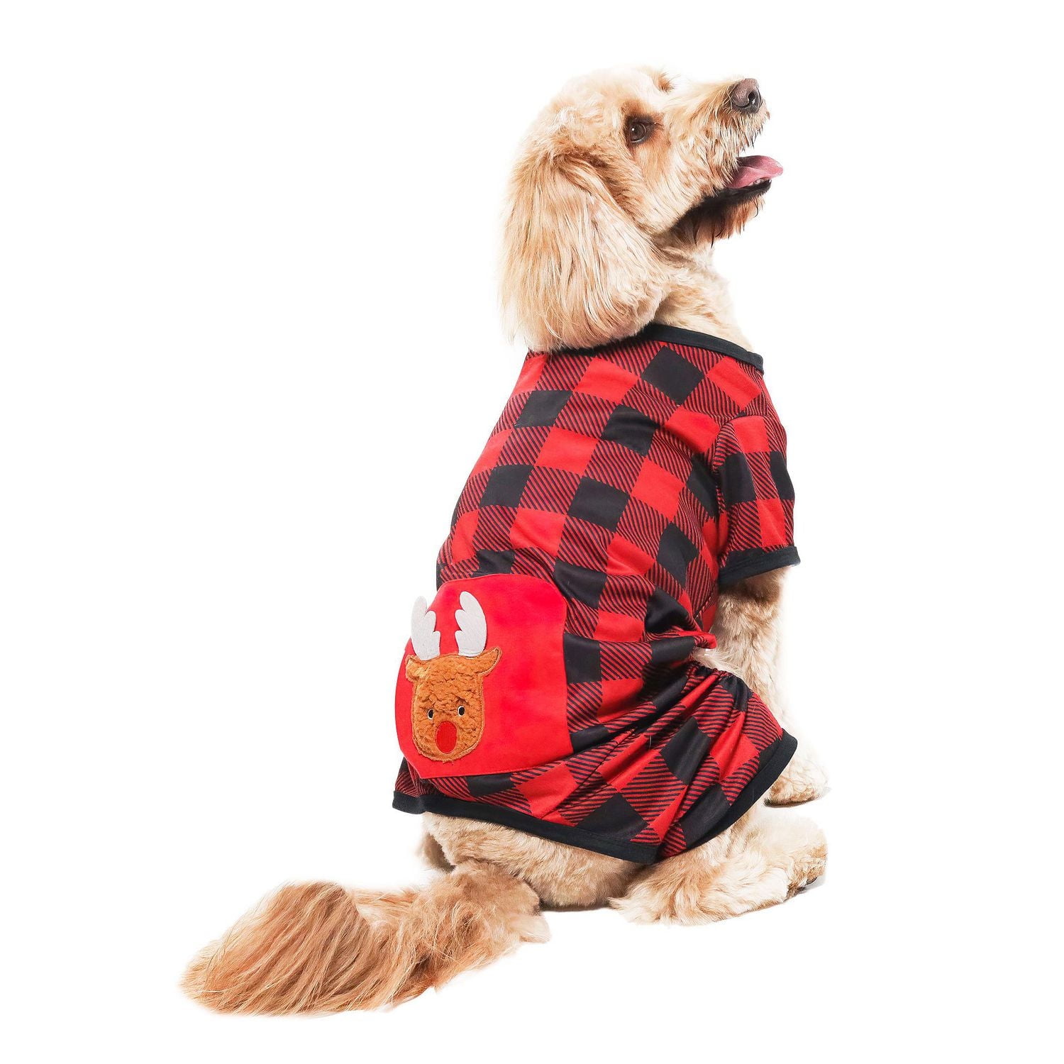 Way to Celebrate Dog Clothes: Knit Jersey Pajama for Dogs, Red & Black Plaid with Reindeer Embellishment, Size XS-XL