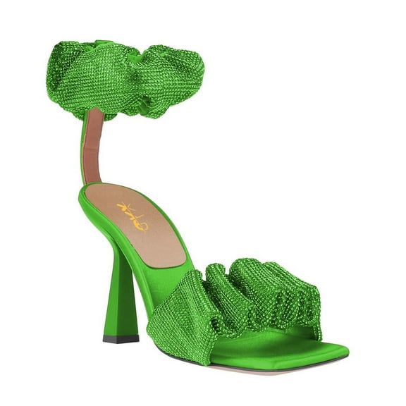 XYD Women Ruffled Rhinestone Open Square Toe Sandals Ankle Strap Spool High Heels Shiny Prom Evening Dressy Shoes Size 7 Green