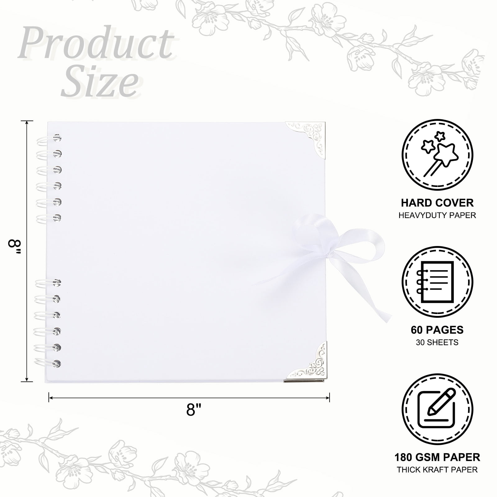 Uxcell Scrapbook Photo Albums, 8x8 Inch 60 Pages with Ribbon Protector, White, 1 Pcs