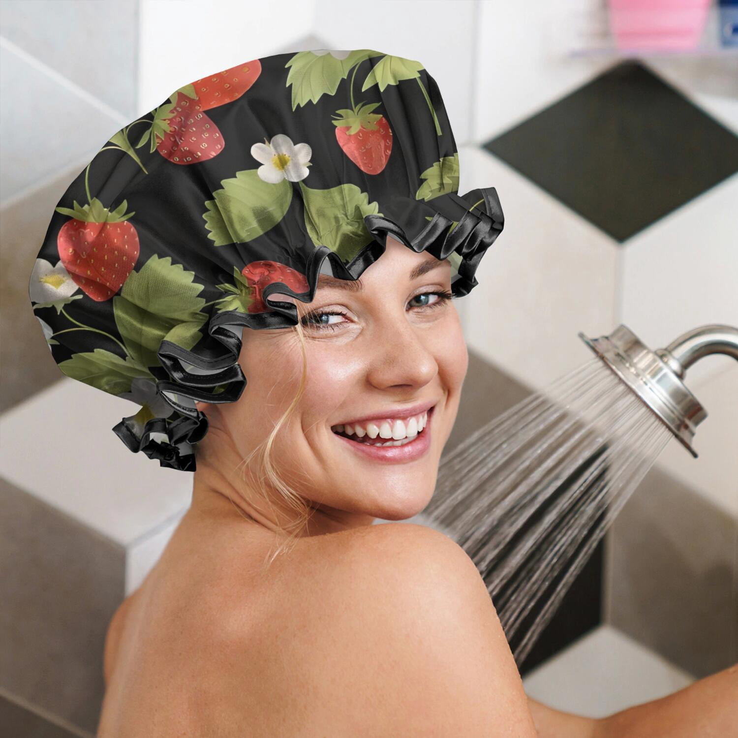 Shower Caps,Red Strawberry Plants Fruit Leaf Black Pattern Waterproof Shower Cap for Women 4 Pieces,Double Reusable Hair Cover for Shower PEVA Elastic Stretch Hem