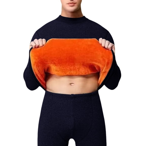 ASDFVBKG Mens Fleece Thermal Pajamas Set, Crew Neck Long Sleeve Tops and Pants Two Pieces Lounge Pj Loose Fit Comfortable Solid Dressy Warm Winter Loungewear Set Navy 2XL
