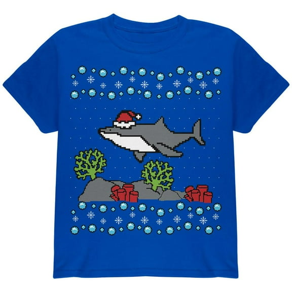 Ugly Christmas Sweater Shark Santa Hat Youth T Shirt Royal YSM