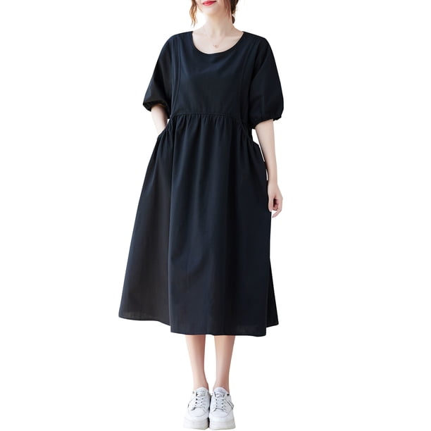 Vestido suelto de mujer con bolsillos Medias mangas Vestido sólido de cintura alta Abanopi Vestido