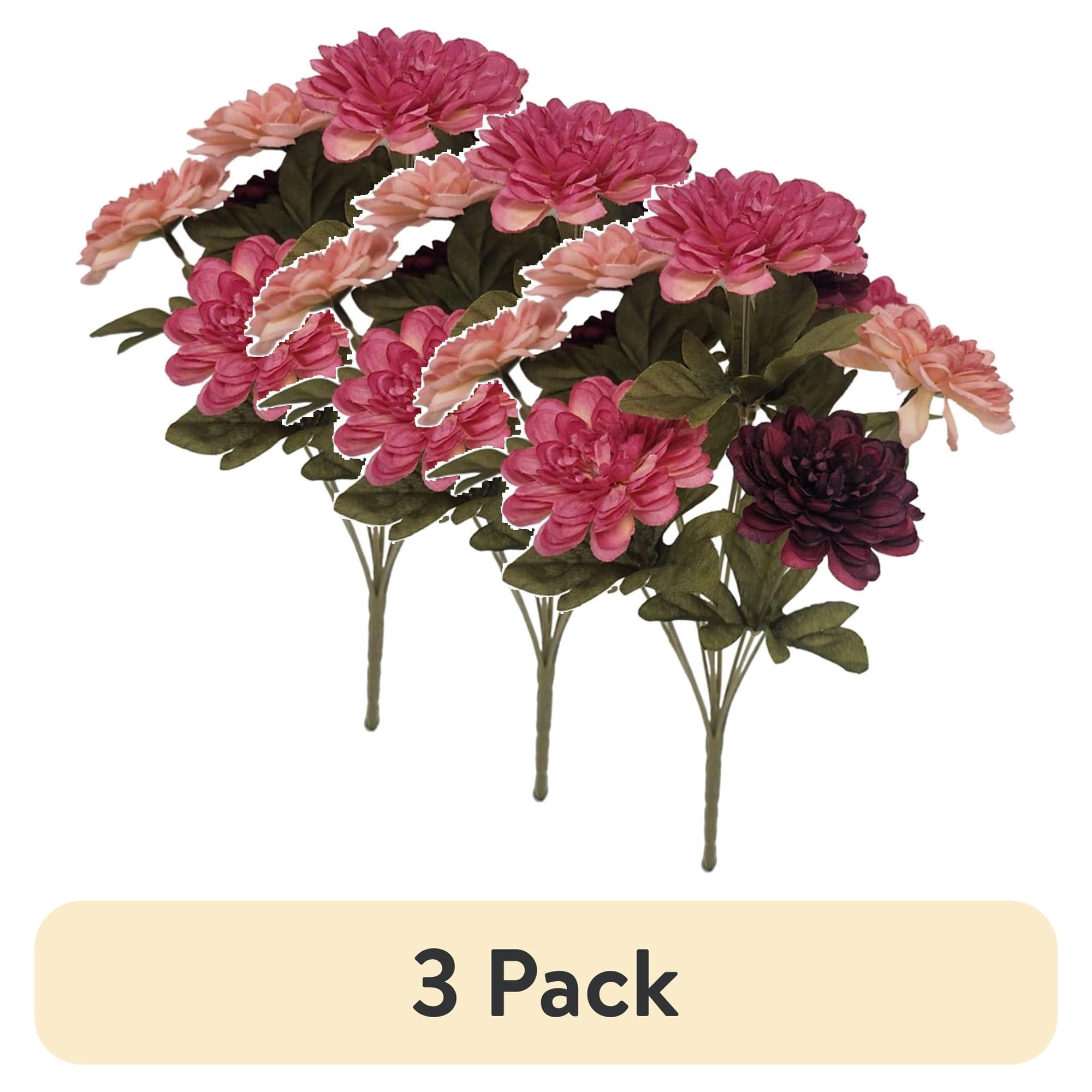 (3 pack) Mainstays 15 in Artificial Pink Zinnia Flower Bush, Indoor