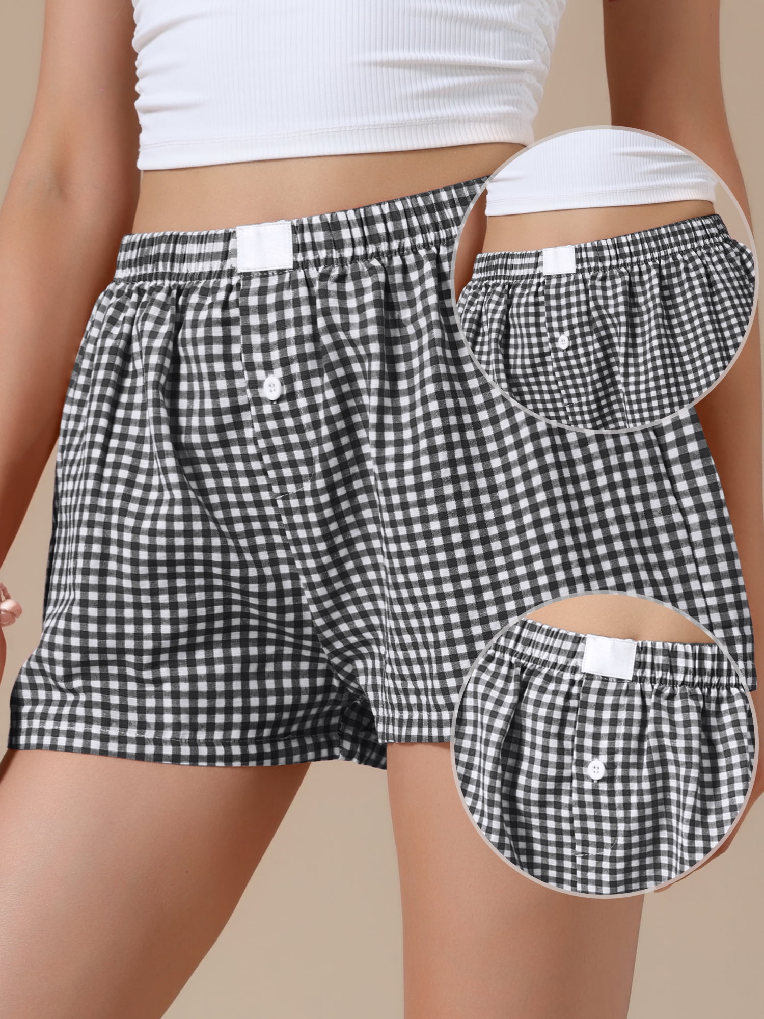 DARING DIVA Women's Gingham Buttons Comfy Breathable Beach Casual Shorts Large Black