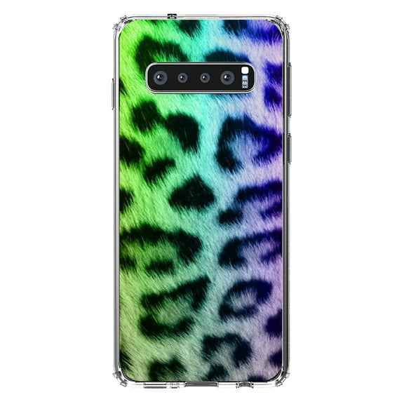 DistinctInk Clear Shockproof Hybrid Case for Samsung Galaxy S10  PLUS(6.4" Screen) - TPU Bumper, Acrylic Back, Tempered Glass Screen Protector - Rainbow Leopard Cheetah Fur Print