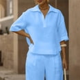 thumbnail image 3 of Pounoo Linen Sets for Women 2 Piece Collared Split Neck Cropped Top High Waist Pleated Wide Leg Pants Summer Resort Casual Matching Outfits Gift, 3 of 9