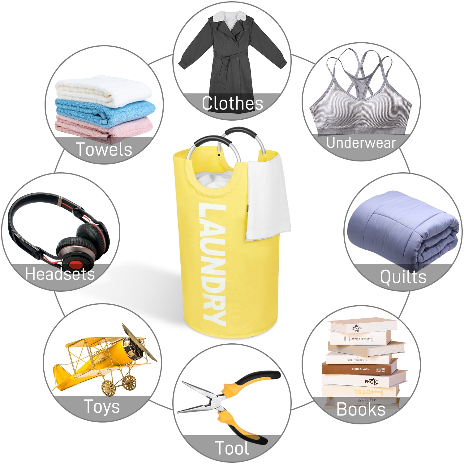 Laundry Basket, Roiroiko Waterproof 115L Large Collapsible Fabric Laundry Hamper, Foldable Clothes Storage Washing Bag Washing Bin with Alloy Handles for College Bathroom Travel (Yellow, XL)