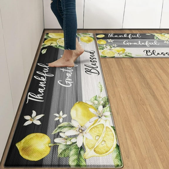 Yellow Lemon Anti-Fatigue Kitchen Rug Set of 2 Grey Black Farmhouse Vintage Wood Cushioned Kitchen Floor Standing Mat Waterproof Non-Slip Kitchen Mat and Rugs PVC Ergonomic Comfort Foam Rug