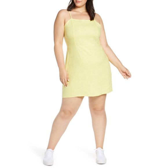 BP. Nordstrom Robe Courte en Mélange de Lin Jaune Pâle Grande Taille4X