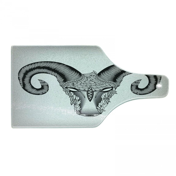 Zodiac Aries Cutting Board, Head of Aries Illustration with Motifs, Decorative Tempered Glass Cutting and Serving Board, Wine Bottle Shape, Pale Grey White, by Ambesonne