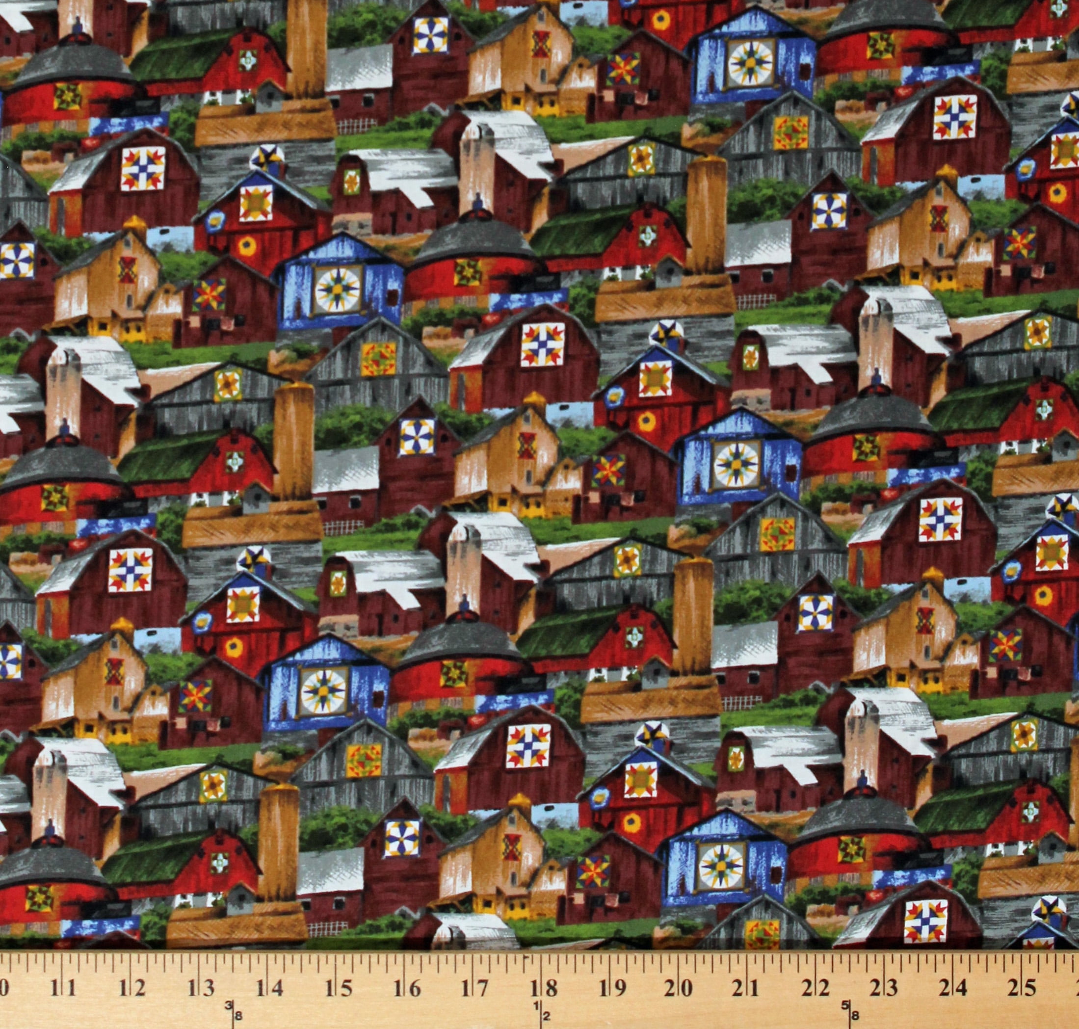 Cotton Quilt Barns and Bridges Country Landscape Farm River's Bend