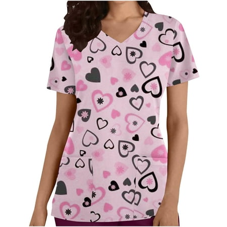 

JWZUY Heart Printed Scrub Top Women Nurse Uniform V Neck Working Uniform Funny Shirt Holiday with Pockets Workwear Summer Short Sleeve Blouses Pullover T-Shirts Tshirts Tee Shirt (Pink L)