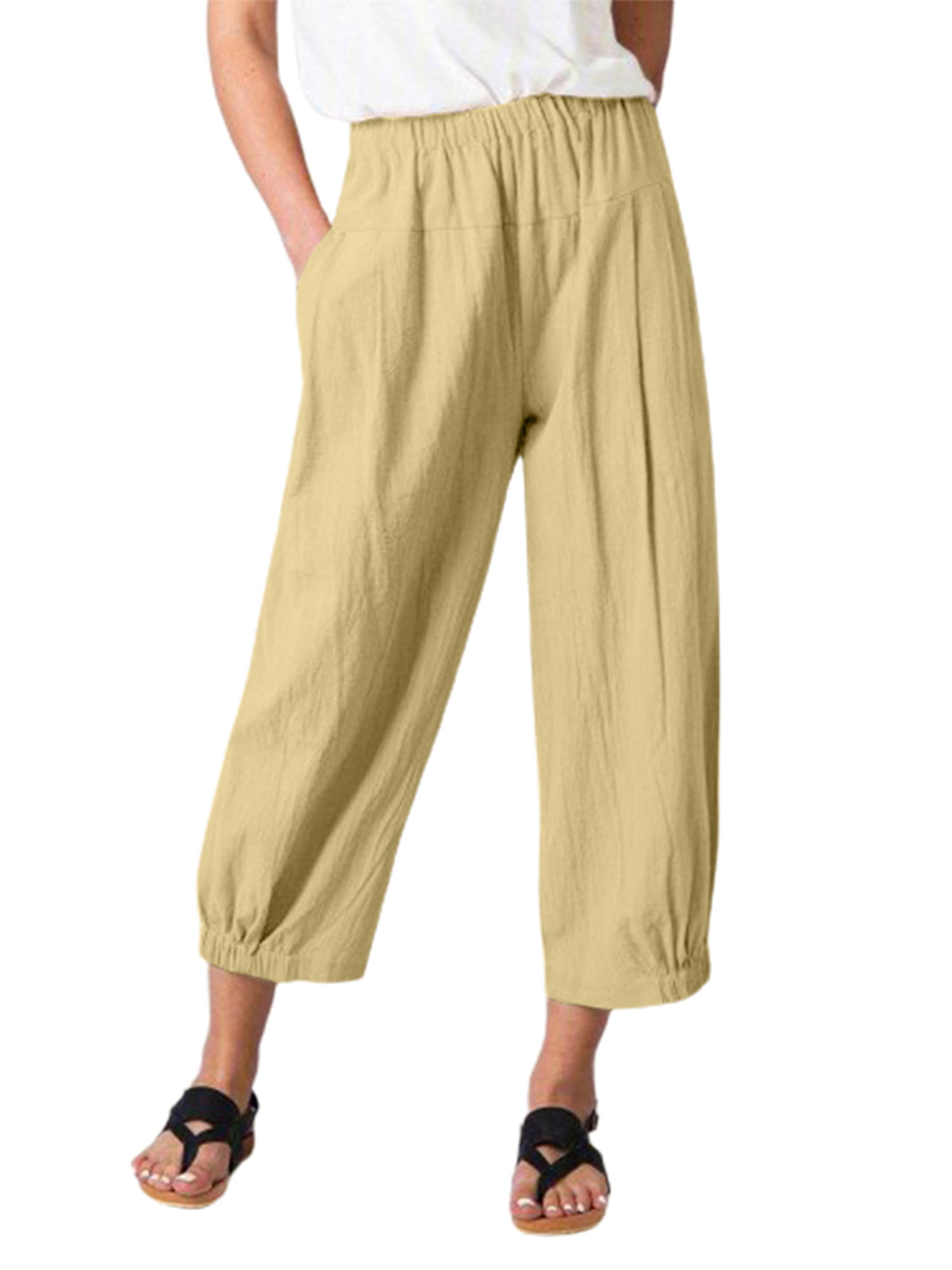 Linen Pants For Women Casual Summer Plain Elastic Waist Wide Leg Capris Crop Plus Size Cotton With Pockets Beach Trousers 