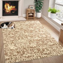 Garvee 9'x12' Vintage Floral Area Rug Livng Room Rug, Washable Soft Accent Rug Non-Slip Low Pile Oriental Printed Carpets for Bedroom Dining Room Home Decor, Khaki