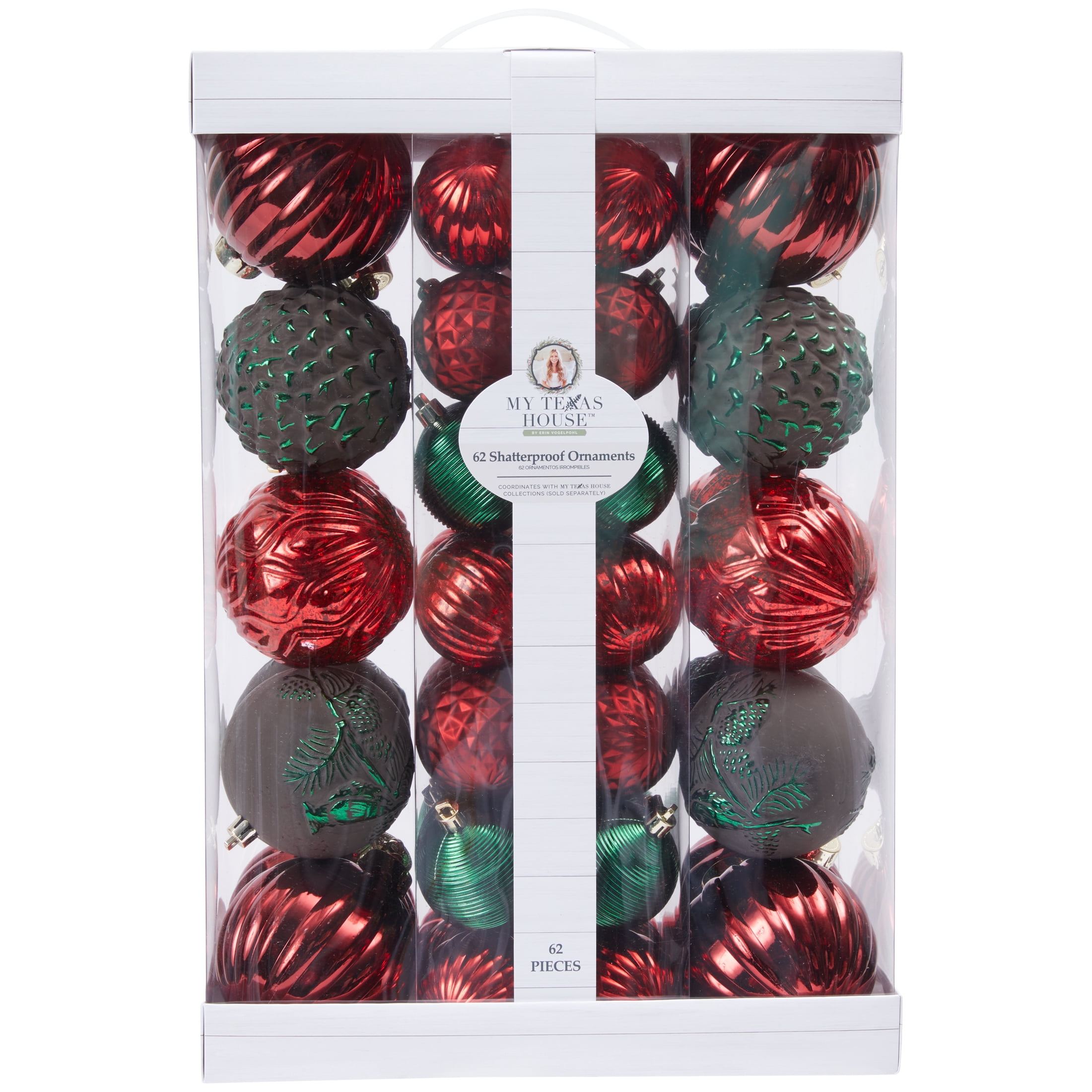 My Texas House Hanging Shatterproof Ornament Set, Red and Green, 62 Count