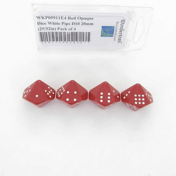 Red Opaque Dice with White Pips D10 20mm (25/32in) Pack of 4 Wondertrail
