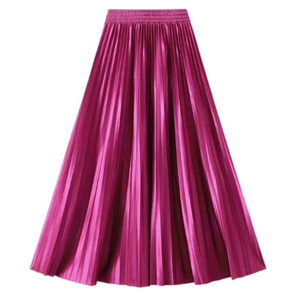 Women's High-Waist Pleated Midi Skirt Glossy Finish for Casual and Dressy Wear, Flowy A-Line Long Skirt for Office and Events, Versatile Apparel for Ladies,Purple One Size